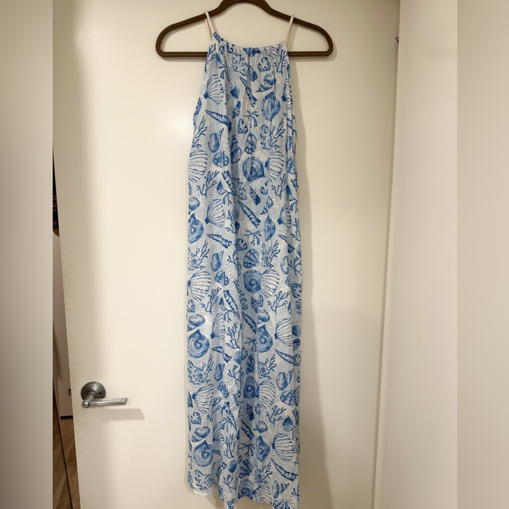 🦪 NWT! Martha Stewart Collection Blue and White Linen Blend Seashell Maxi Dress